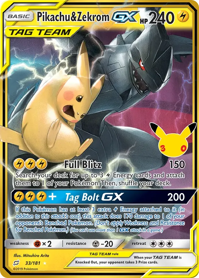 Pikachu e Zekrom GX 008/0 Coleção Clássica de 30 Anos